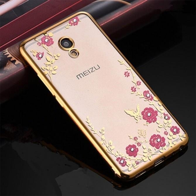 Прозрачный чехол с цветами и стразами для Meizu M5 с глянцевым бампером (Золотой/Розовые цветы)-2