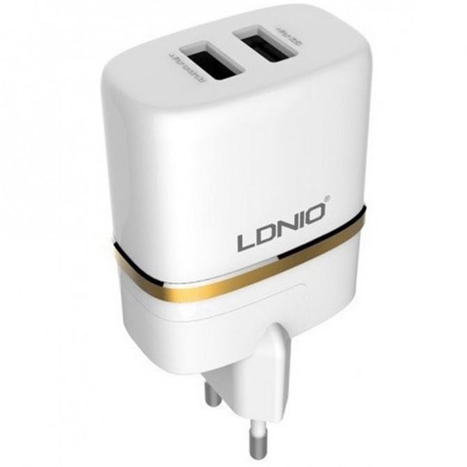 Мережевий зарядний пристрій 2USB LDNIO (2.4A) Білий + USB Cable MicroUSB (DL-AC52)