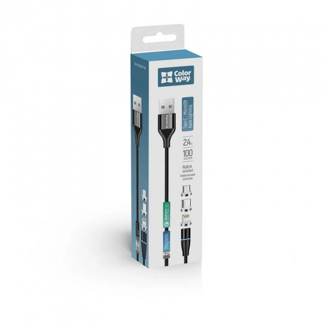 Кабель ColorWay CW-CBUU038-BK Lightning/MicroUSB/Type-C магнітний Чорний 1м-2