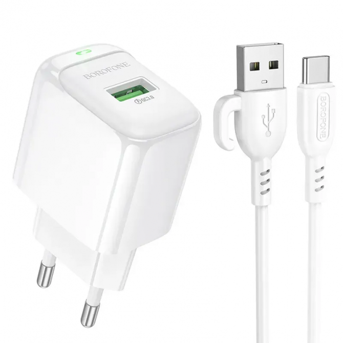 Сетевое зарядное устройство 1USB Borofone BAS42A 18W/QC3.0 White + Type-C Cable