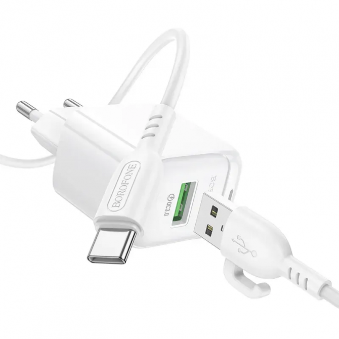 Сетевое зарядное устройство 1USB Borofone BAS42A 18W/QC3.0 White + Type-C Cable-1