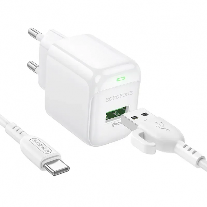 Сетевое зарядное устройство 1USB Borofone BAS42A 18W/QC3.0 White + Type-C Cable-2