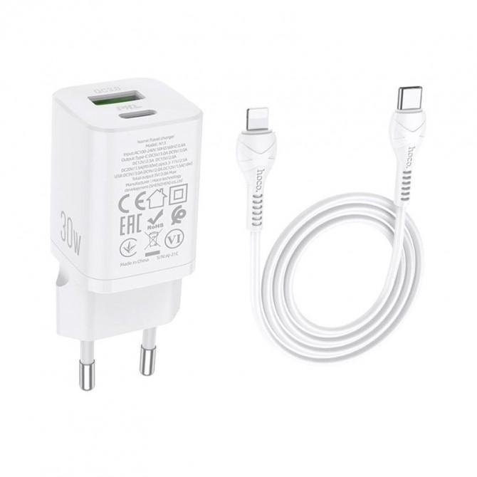 Сетевое зарядное устройство 1USB + Type-C Hoco N13 PD30W+QC3.0 White + Cable Type-C to Lightning