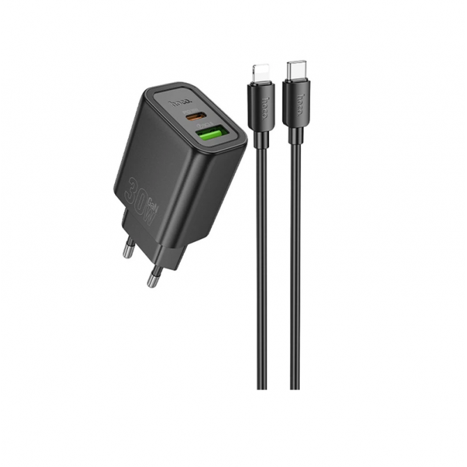 Мережевий зарядний пристрій 1USB + Type-C Hoco N63 Gentle PD 30W+QC3.0 Black