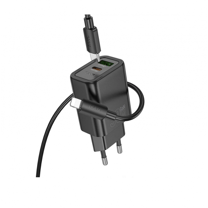 Мережевий зарядний пристрій 1USB + Type-C Hoco N63 Gentle PD 30W+QC3.0 Black-1