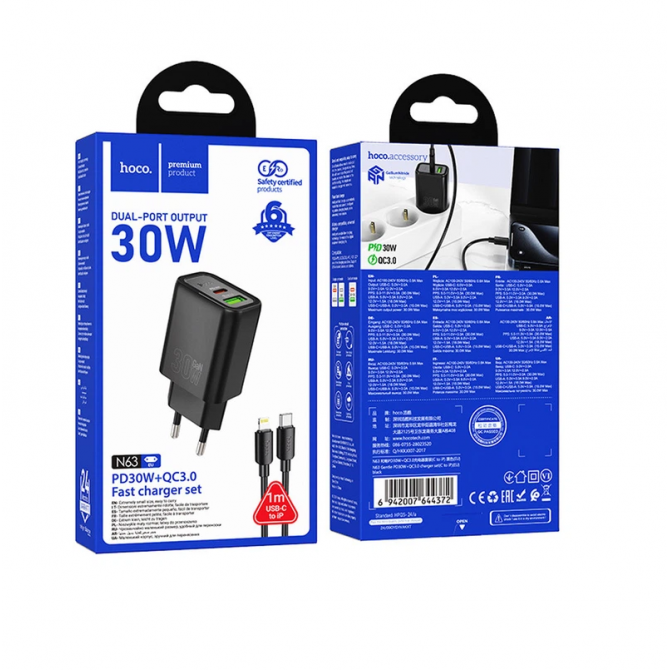 Мережевий зарядний пристрій 1USB + Type-C Hoco N63 Gentle PD 30W+QC3.0 Black-2