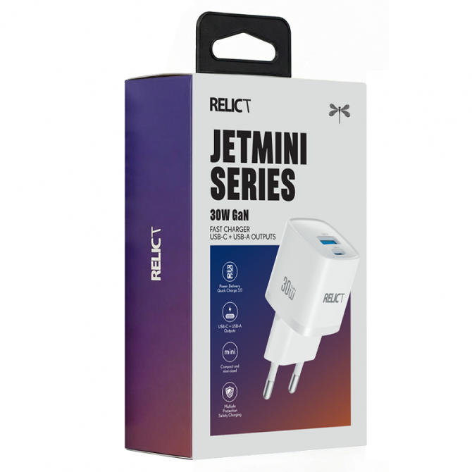 Мережевий зарядний пристрій PD/QC Relict JetMini GaN 30W/1 USB-C + 1 USB-A (RCJMGN30-C1A1W) White-2