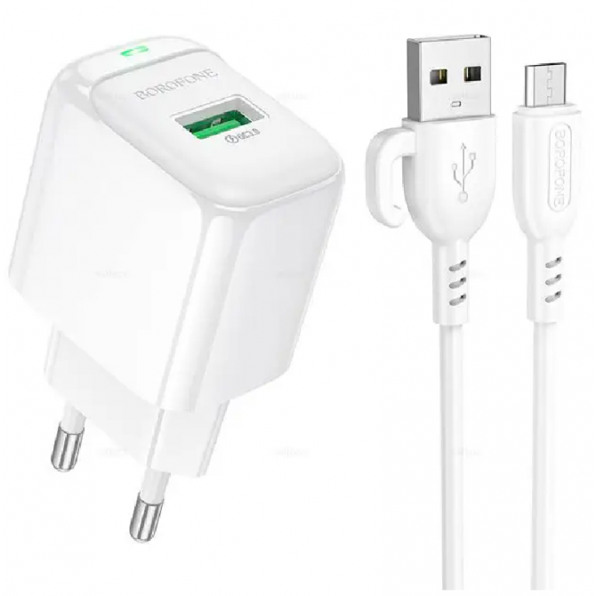 Мережевий зарядний пристрій 1USB Borofone BAS42A 18W/ QC3.0 White + MicroUSB Cable