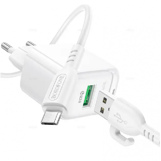Мережевий зарядний пристрій 1USB Borofone BAS42A 18W/ QC3.0 White + MicroUSB Cable-1