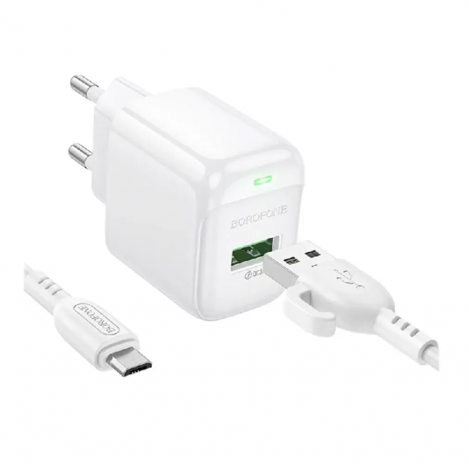Мережевий зарядний пристрій 1USB Borofone BAS42A 18W/ QC3.0 White + MicroUSB Cable-2