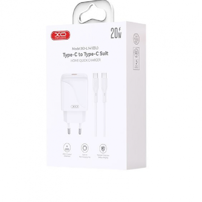 Мережевий зарядний пристрій XO L141 20W USB-C White+ Type-C to type-c Cable-2