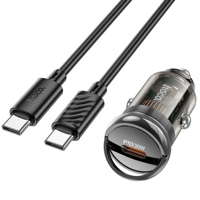 Автомобильное зарядное устройство 1Type-C Hoco Z53 PD30W Transparent Grey + Type-C to Type-C Cable-1