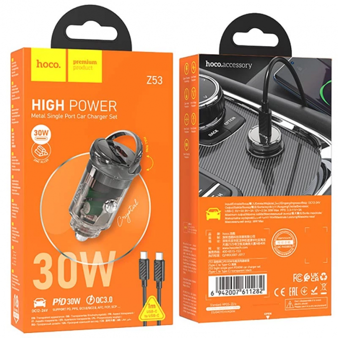 Автомобильное зарядное устройство 1Type-C Hoco Z53 PD30W Transparent Grey + Type-C to Type-C Cable-4