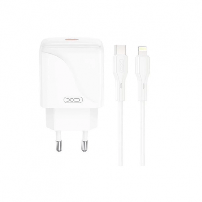 Сетевое зарядное устройство XO L136 1USB-C / 1USB PD/QC 20W White + Type-C to Lightning Cable