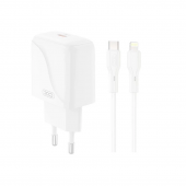 Сетевое зарядное устройство XO L136 1USB-C / 1USB PD/QC 20W White + Type-C to Lightning Cable