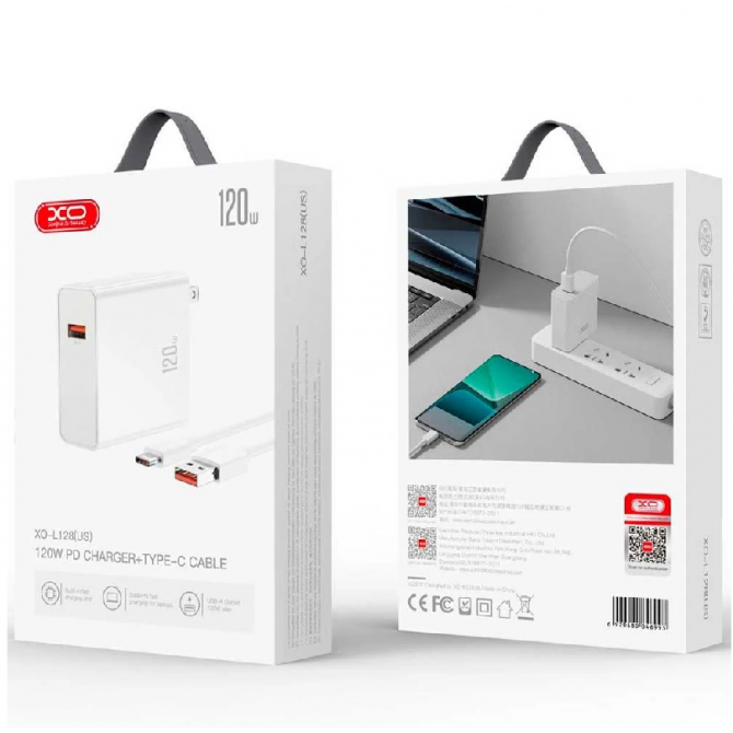 Мережевий зарядний пристрій XO L164 120W fast charger White + Type-C cable-3