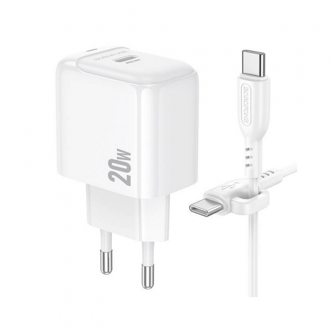 Сетевое зарядное устройство 1USB + Type-C Borofone BAS43A 20W+QC3.0 White + Cable Type-C to Type-C