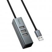 USB Хаб Hoco HB1D USB to USB 2.0 (4 Ports) + RJ45 Metal Grey