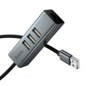 USB Хаб Hoco HB1D USB to USB 2.0 (4 Ports) + RJ45 Metal Grey