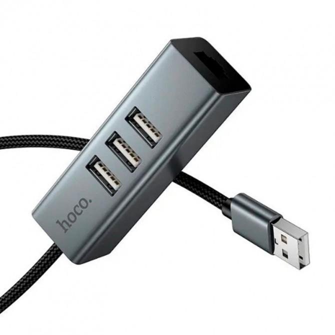 USB Хаб Hoco HB1D USB to USB 2.0 (4 Ports) + RJ45 Metal Grey-2