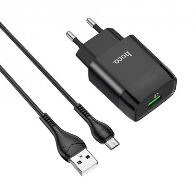 Мережевий зарядний пристрій 1USB Hoco C72Q QC3.0 Black + USB cable MicroUSB (2.1A)-1
