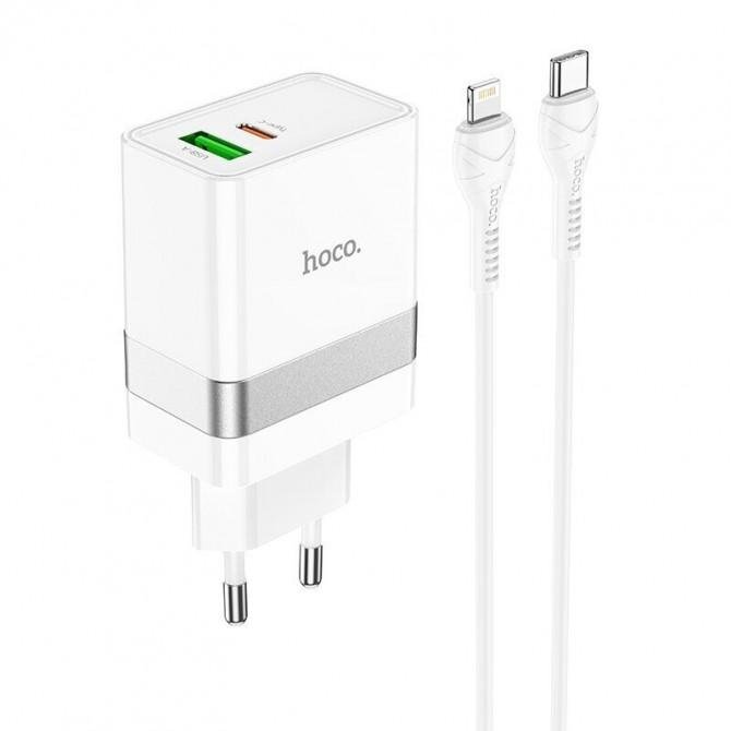 Мережевий зарядний пристрій Hoco N21 PD30W+QC3.0 White + Cable Type-C to Lightning