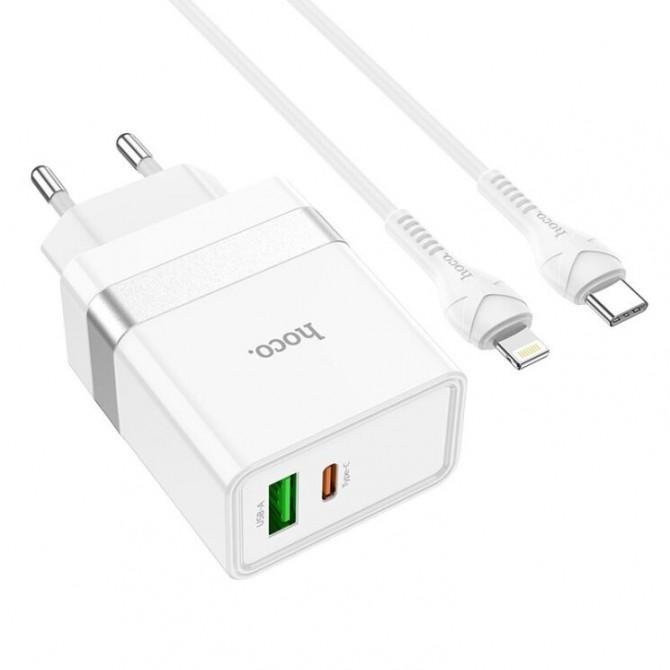 Мережевий зарядний пристрій Hoco N21 PD30W+QC3.0 White + Cable Type-C to Lightning-1