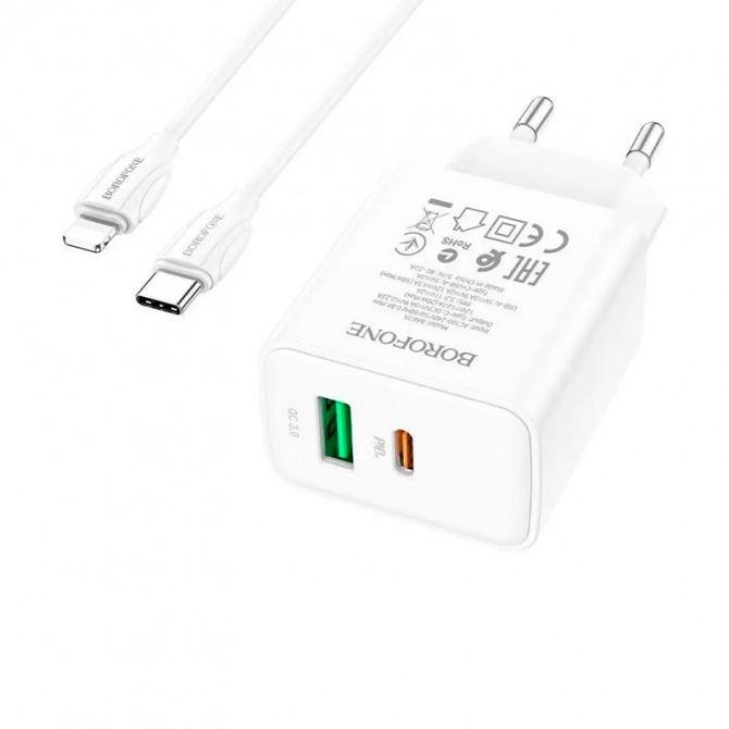 СЗУ 1USB + Type-C Borofone BA67A PD+QC3.0 White + Cable Type-C to Lightning