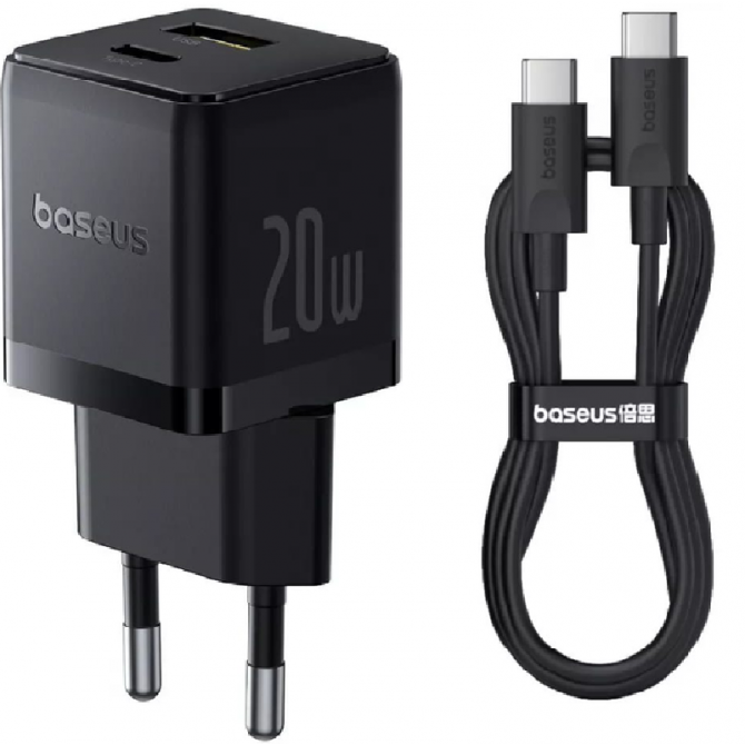 Сетевое зарядное устройство 1Type-C Baseus Palm Fast Charger 20W EU Cluster Black + Type-C to Type-C