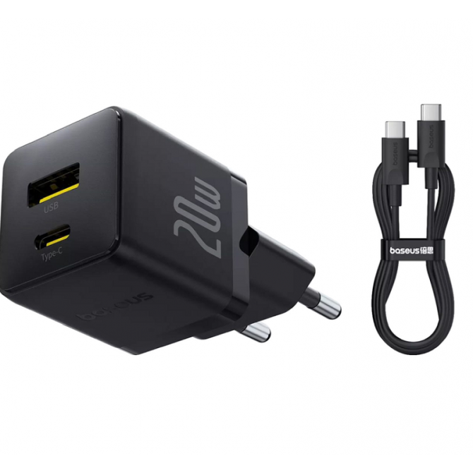 Сетевое зарядное устройство 1Type-C Baseus Palm Fast Charger 20W EU Cluster Black + Type-C to Type-C-1