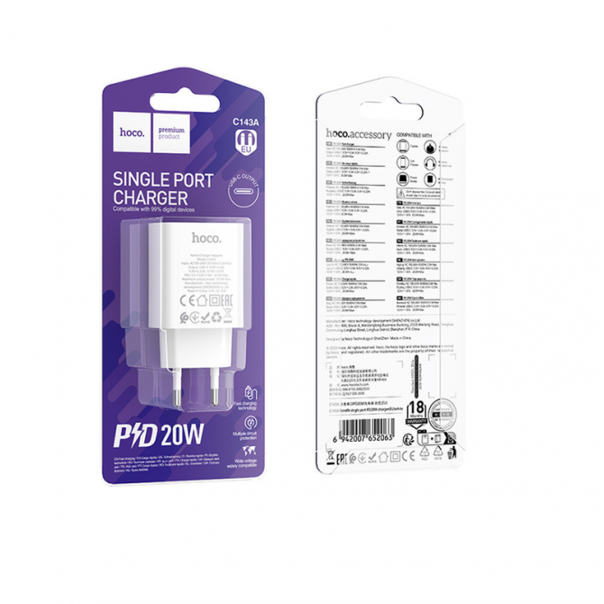 Мережевий зарядний пристрій 1Type-C Hoco C143A Benefit PD20W White-3