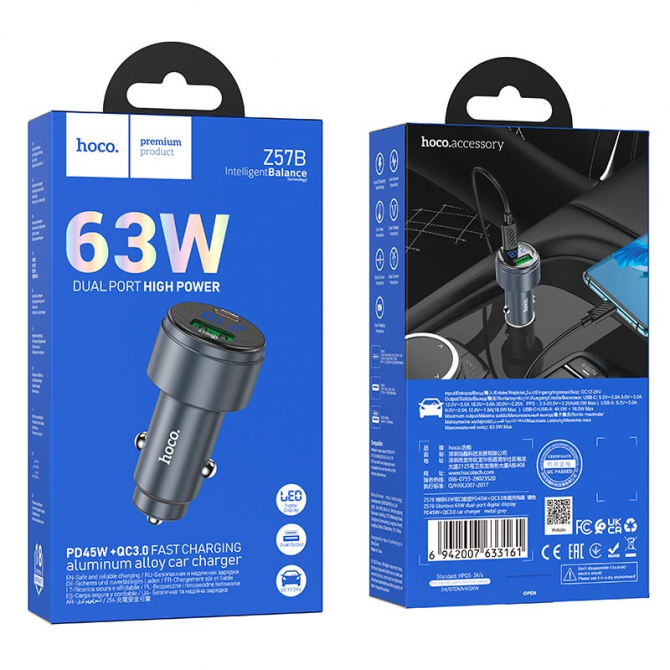 Автомобильное зарядное устройство 1USB+Type-C Hoco Z57B Glorious PD63W+QC3.0 Black-2