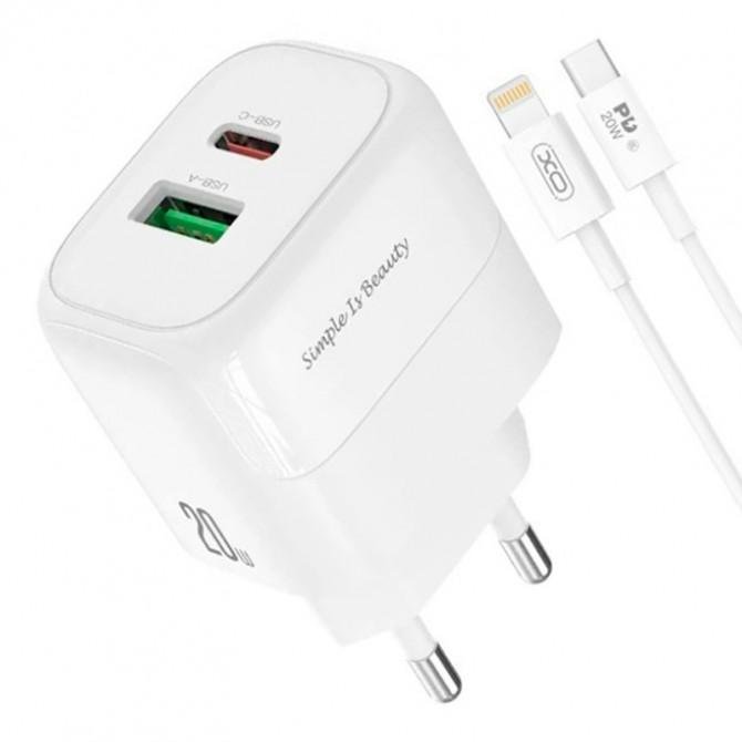 Сетевое зарядное устройство XO L137 1USB-C / 1USB PD/QC 20W White + Typec-C to Lightning Cable