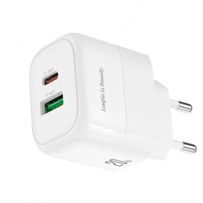 Сетевое зарядное устройство XO L137 1USB-C / 1USB PD/QC 20W White + Typec-C to Lightning Cable-1