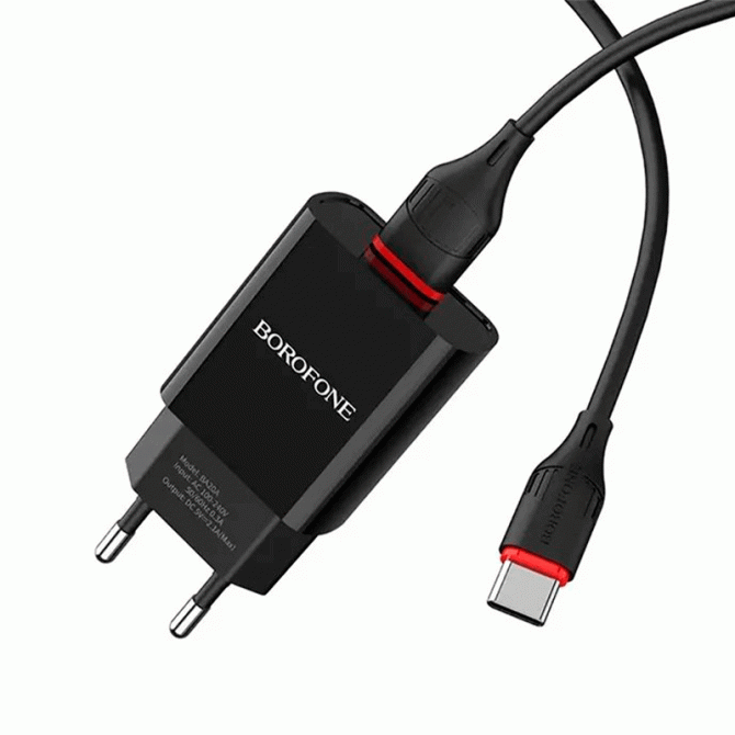 СЗУ 1USB Borofone BA20A Sharp Black + Type-C Cable