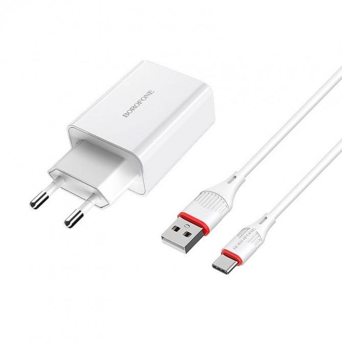 Мережевий зарядний пристрій 1USB Borofone BA21A QC3.0 White + Type-C Cable-1