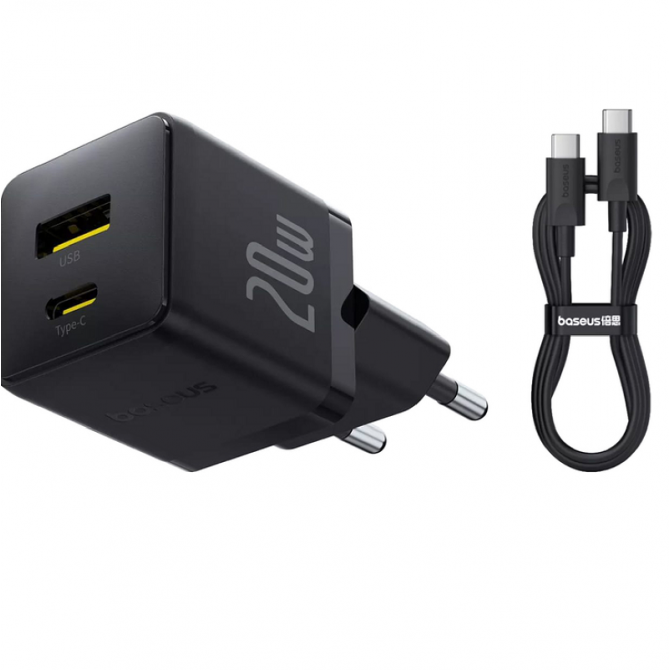 Сетевой зарядное устройство 1USB+Type-C Baseus Fast Charger 20W EU Cluster Black + Type-C to Type-C-1