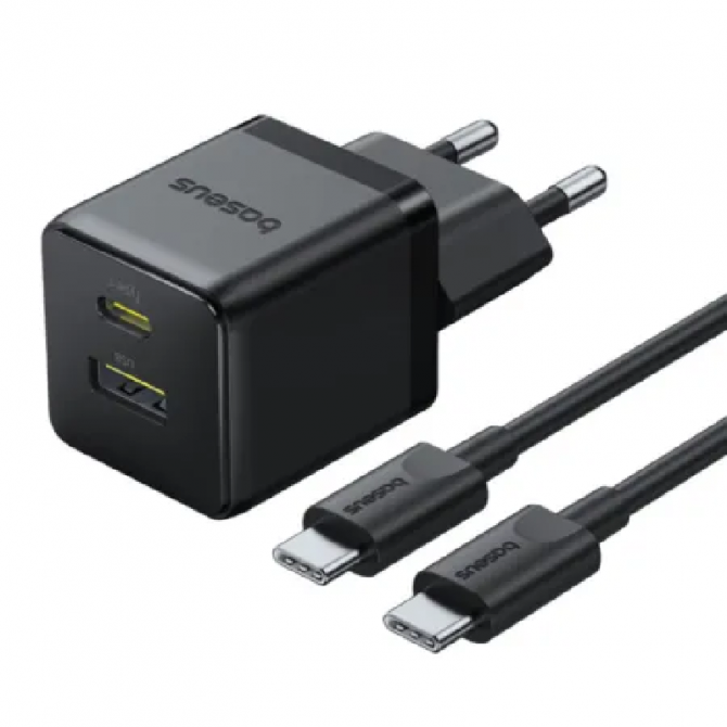 Сетевой зарядное устройство 1USB+Type-C Baseus Fast Charger 20W EU Cluster Black + Type-C to Type-C-3