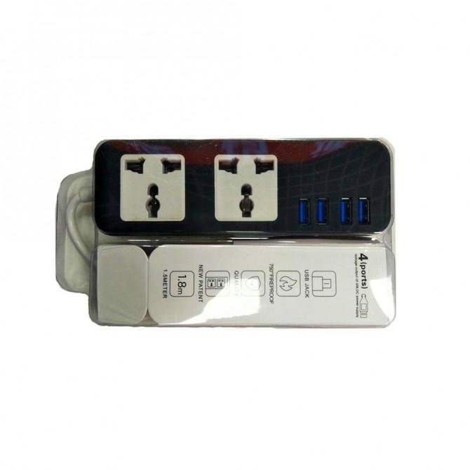 Сетевой удлинитель Portable 203 (2 розетки + 4 USB, 4A) Чёрный 1.8м-2