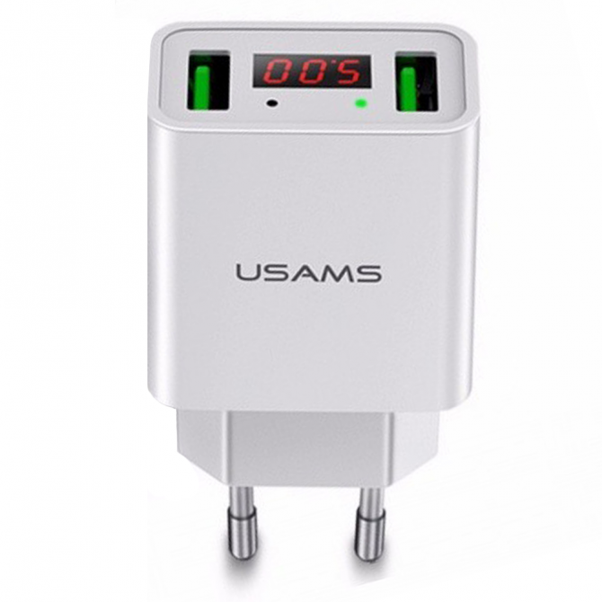 Мережевий зарядний пристрій Usams US-CC040 Dual USB Led display Білий (CC40TC02)-1