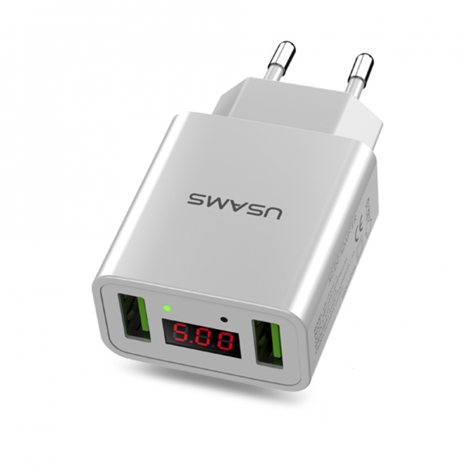 Мережевий зарядний пристрій Usams US-CC040 Dual USB Led display Білий (CC40TC02)-2