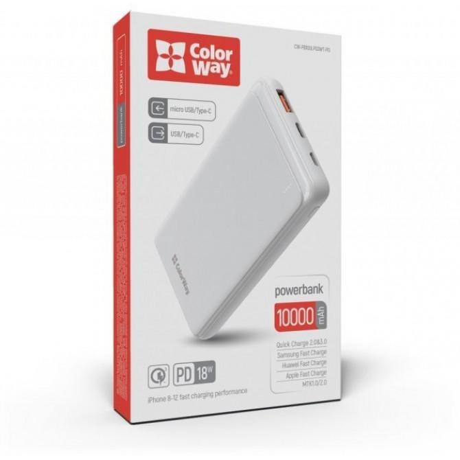 Повербанк ColorWay 10 000 mAh Slim (USB QC3.0 + USB-C Power Delivery 18W) White-2