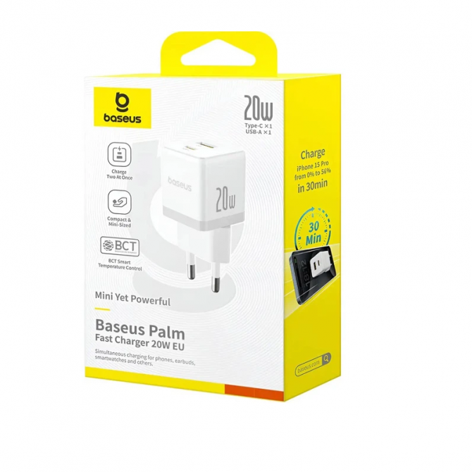 Сетевое зарядное устройство 1USB + Type-C Baseus Palm Fast Charger 20W EU Moon White-3