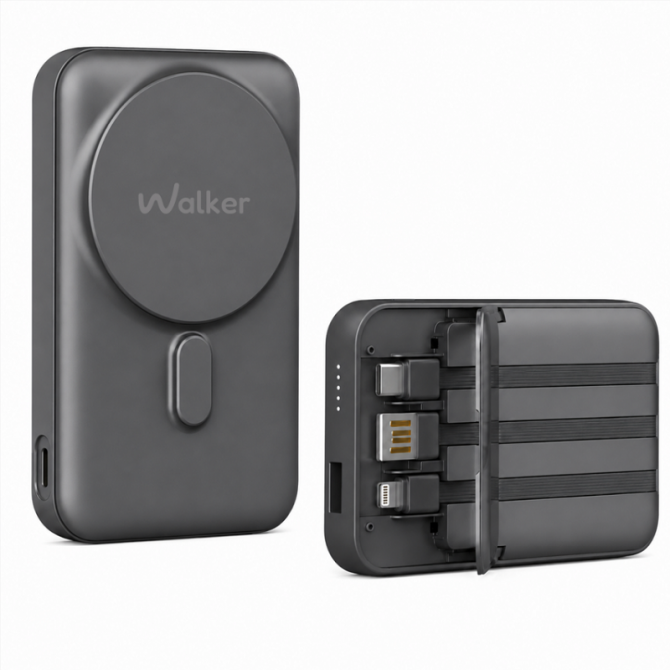 Дополнительная батарея WALKER WB-710 10000mAh Magsafe + cable USB,TC,LT с подставкой black