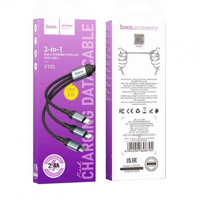 USB Cable Hoco X102 Fresh 3in1 iPhone-MicroUSB-Type-C Black 1m-1
