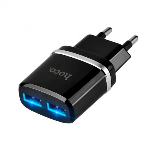 Сетевое зарядное устройство 2USB Hoco C12 Black + USB Cable MicroUSB (2.4A)-1