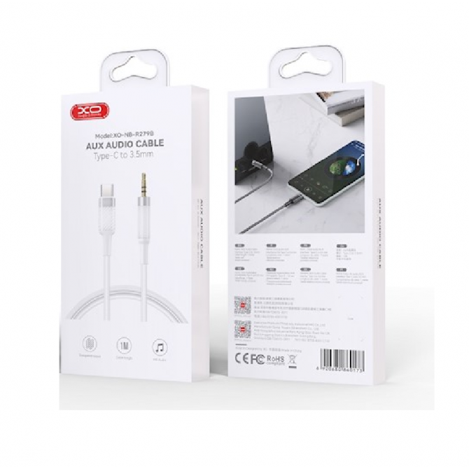 Кабель AUX XO NBR279B Type-C (male) to 3.5" (female) White 1m-1