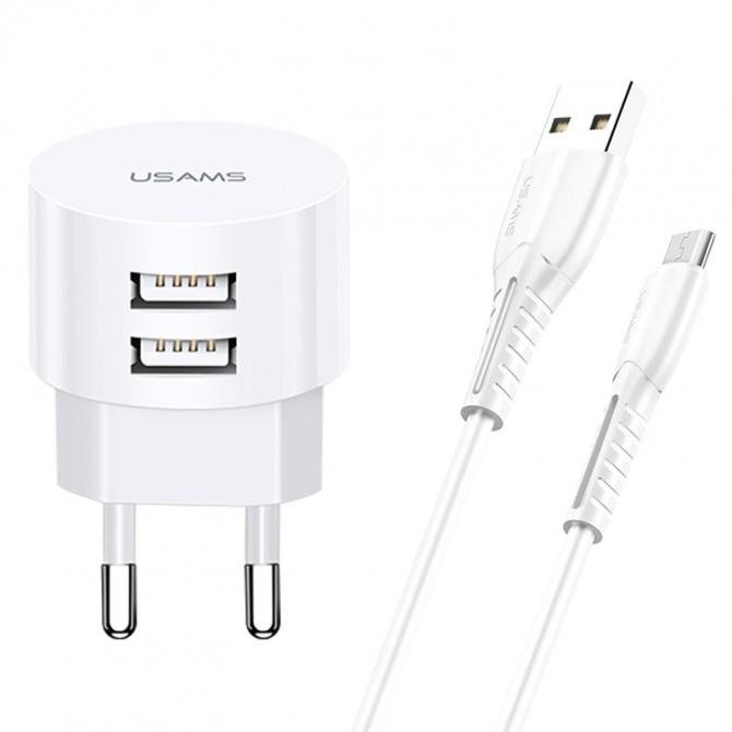 Сетевое зарядное устройство Usams T20 2USB + MicroUSB cable (2.1A) White-3
