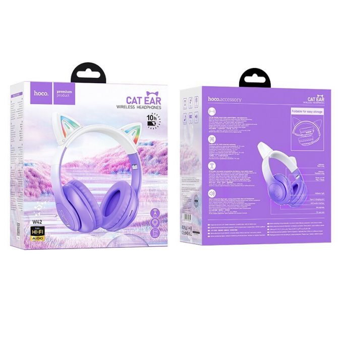 Наушники Stereo Bluetooth Headset Hoco W42 cat ear Purple-2