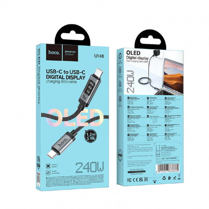 Кабель Hoco U140 Lord with display Type-C to Type-C 240W Black 1.2m-3